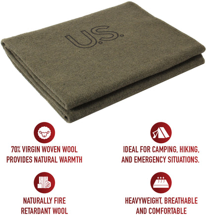 Olive Drab - Genuine GI US Warm Winter Blanket 62 in. x 82 in. - Virgin Wool USA Made