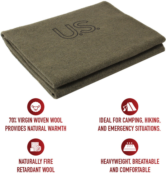 Olive Drab - Genuine GI US Warm Winter Blanket 62 in. x 82 in. - Virgin Wool USA Made