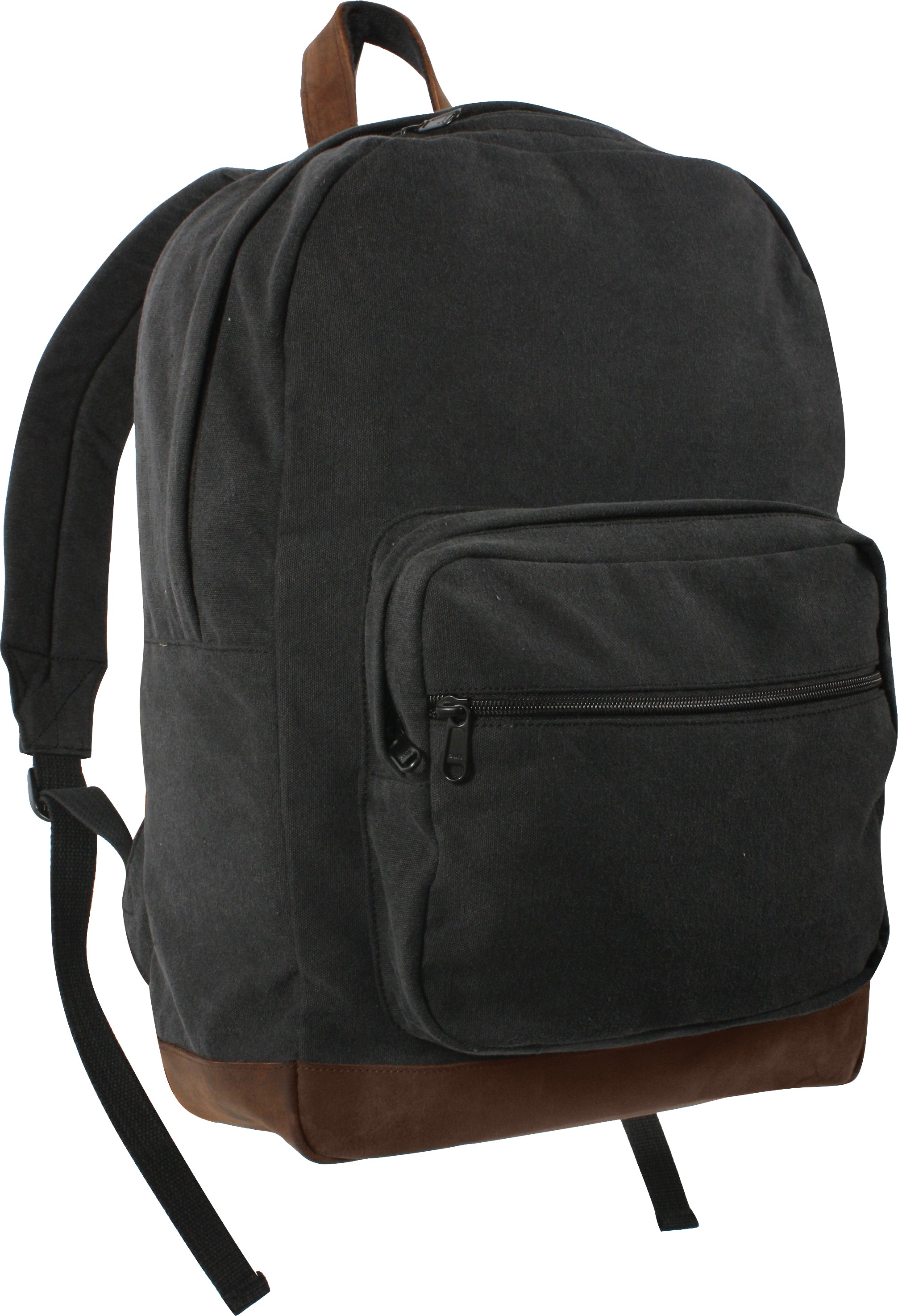 black backpack with brown leather bottom Black/Brown Vintage Canvas Teardrop Backpack With Leather Accents