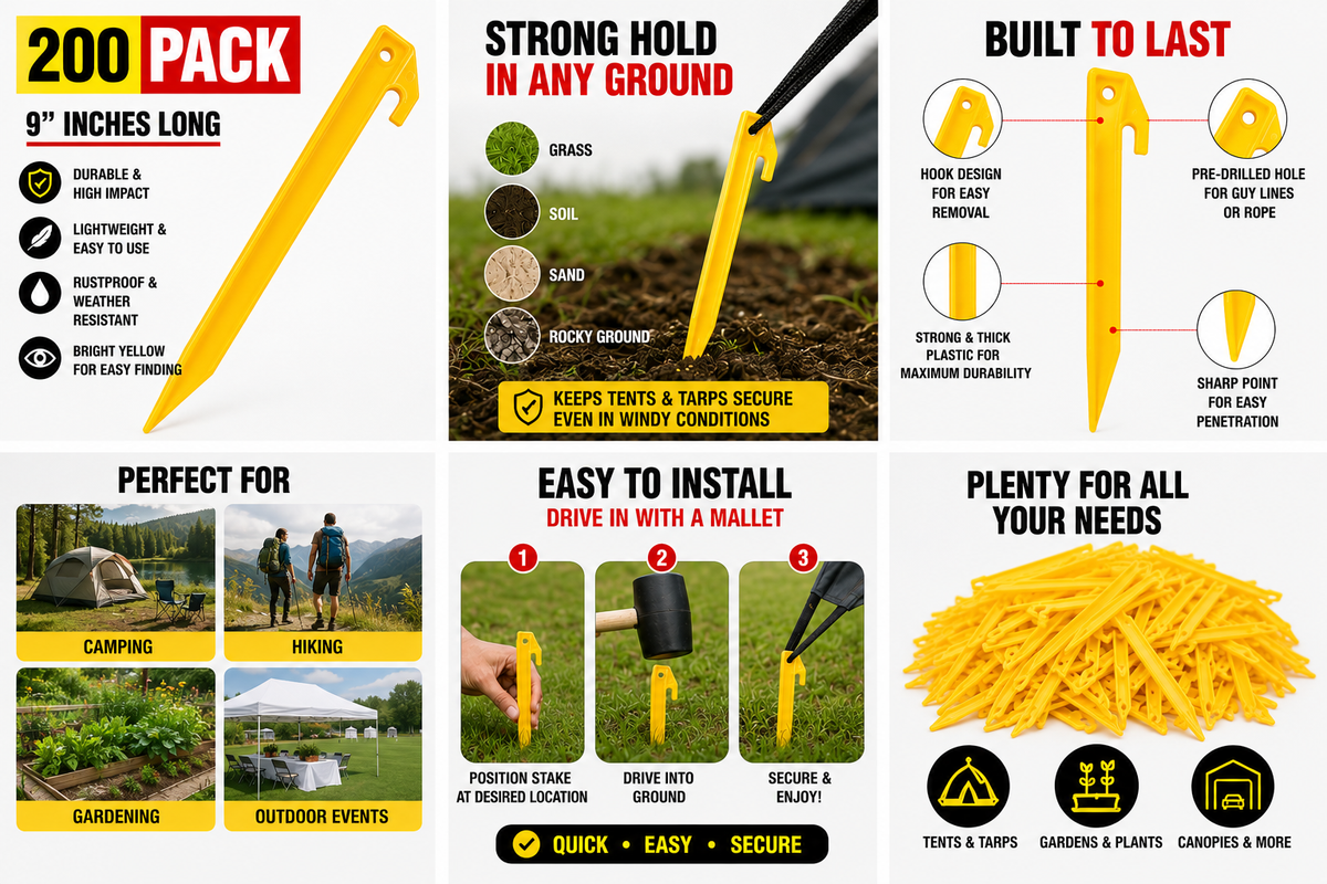 Yellow Tent Stakes 9 Inch Plastic Camping Pegs Heavy Duty Ground Anchors Garden Stakes 200 Pack