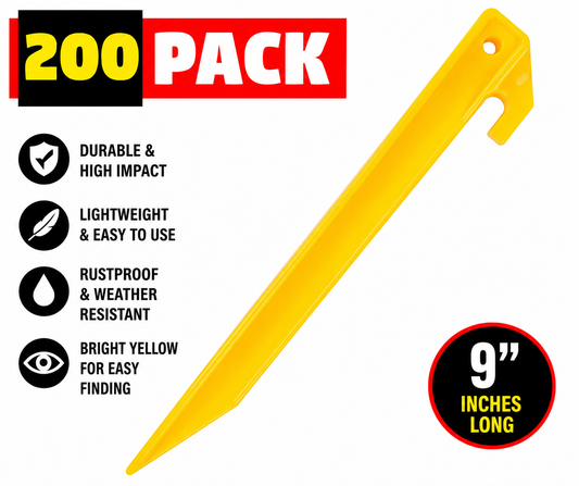 Yellow Tent Stakes 9 Inch Plastic Camping Pegs Heavy Duty Ground Anchors Garden Stakes 200 Pack