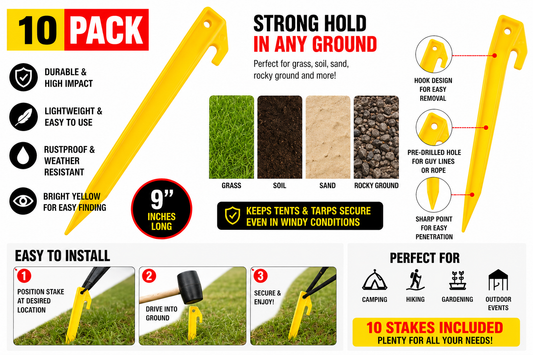Yellow Tent Stakes 9 Inch Plastic Camping Pegs Heavy Duty Ground Anchors Garden Stakes 10 Pack