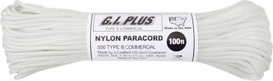 White - Military Grade 550 LB Tested Type III Paracord Rope 100'