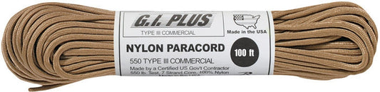 Tan - Military Grade 550 LB Tested Type III Paracord Rope 100'