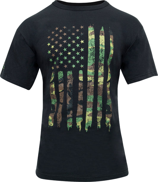 Black - Distressed Woodland Camo US Flag T-Shirt, Athletic Fit, Poly/Cotton