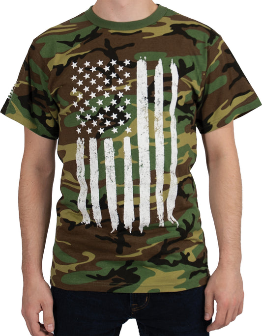 Woodland Camo - Tactical Short Sleeve USA American Flag T-Shirt, Poly/Cotton