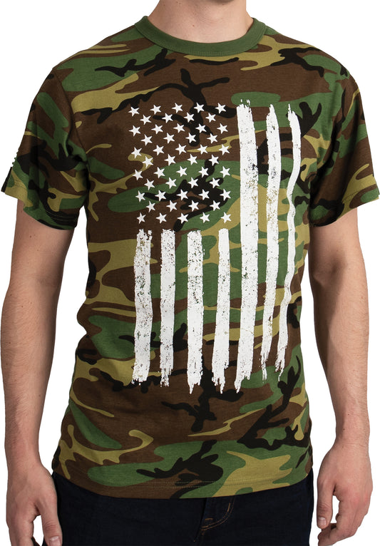 Woodland Camo - Tactical Short Sleeve USA American Flag T-Shirt, Poly/Cotton