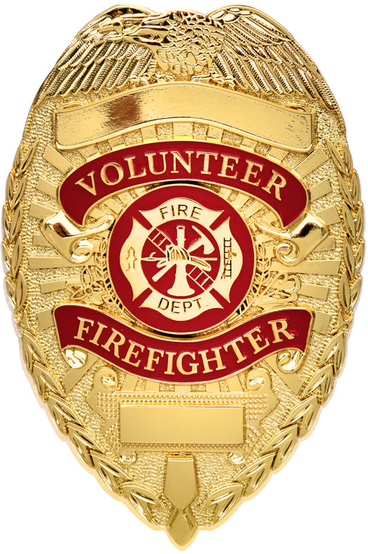 Gold Deluxe Volunteer Firefighter Uniform Shield Badge - Volunteer FF FD Fire Department Pin-On Badge