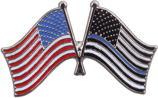 US American Flag & Thin Blue Line Crossed Flags Insignia Pin