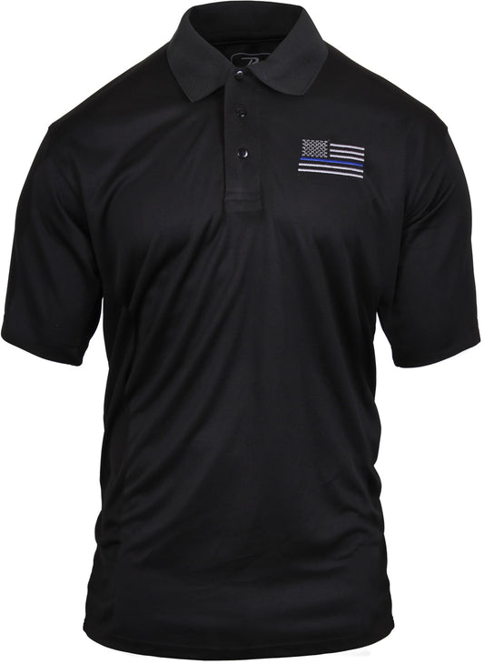 Black - USA Flag Thin Blue Line Moisture Wicking Polo Shirt - Support the Police TBL
