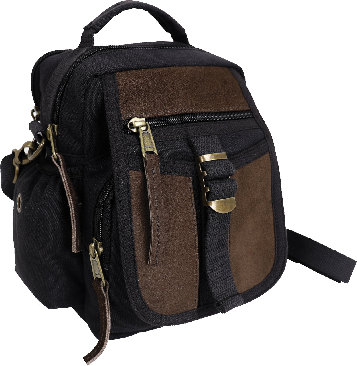 Black Canvas & Leather Travel Shoulder Bag