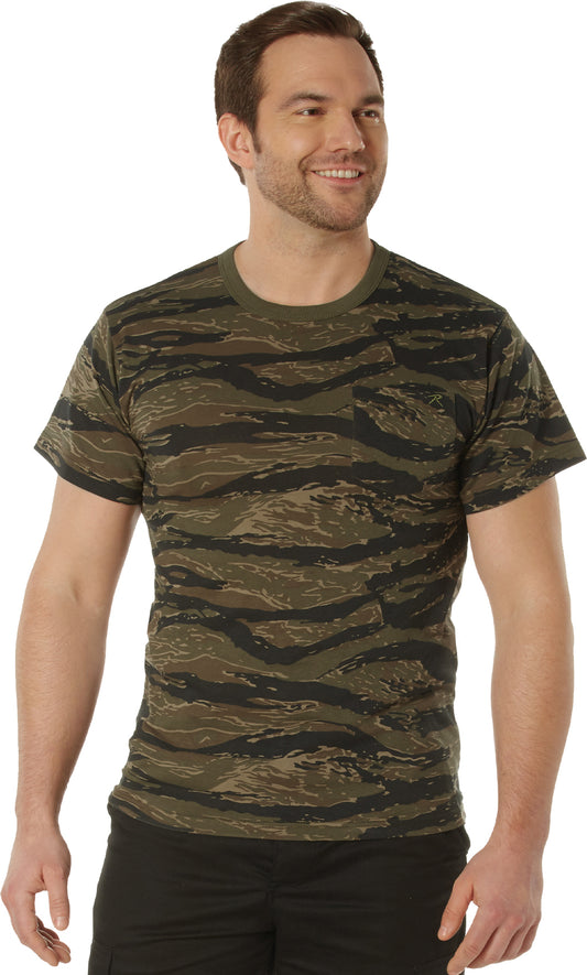 Tiger Stripe Camo - Tactical Moisture Wicking Short Sleeve Pocket T-Shirt, 100% Polyester