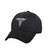 Black Low Profile Hat With White Medical Symbol (Caduceus)