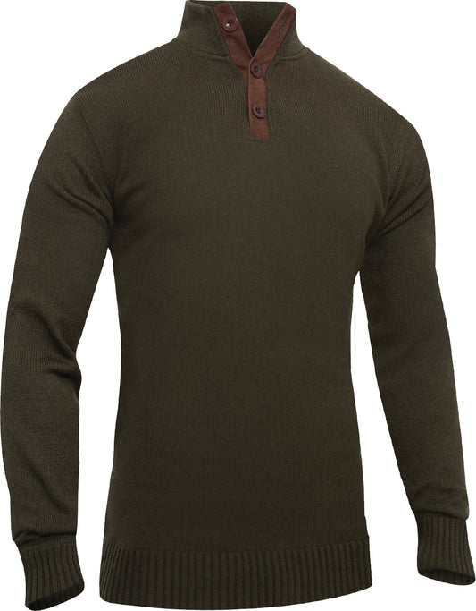Olive Drab 3-Button Sweater With Suede Accents