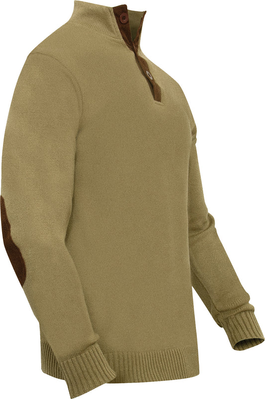 Khaki 3-Button Sweater With Suede Accents