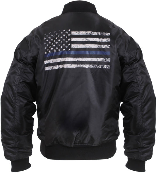 Black - Air Force MA-1 Bomber Flight Jacket with USA Flag TBL Thin Blue Line Flag Support Police