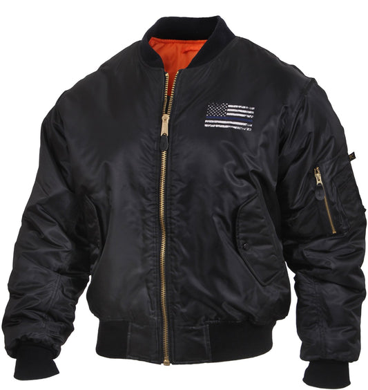 Black - Air Force MA-1 Bomber Flight Jacket with USA Flag TBL Thin Blue Line Flag Support Police