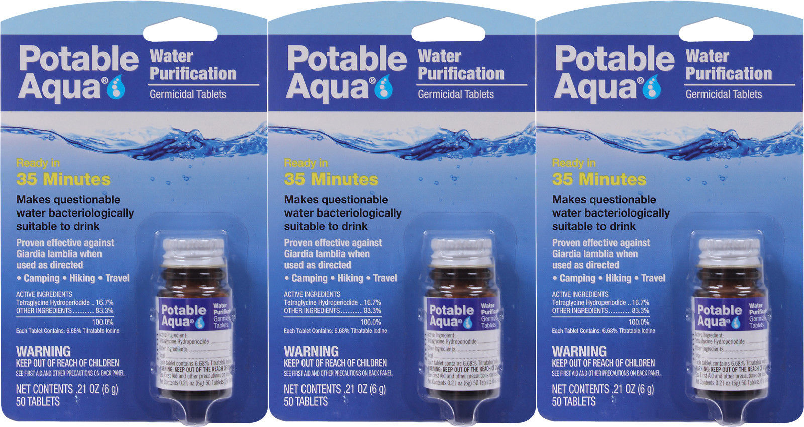 Potable Aqua Camping Water Purification Germicidal Tablets - 3 Pack
