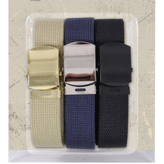 Military Web Belts - 100% Cotton Adjustable Belts with Slider Buckle 54" (3 Pack)
