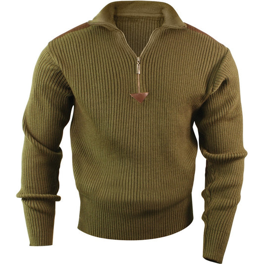 Olive Drab - Military Style Commando Sweater with Zipper - Acrylic