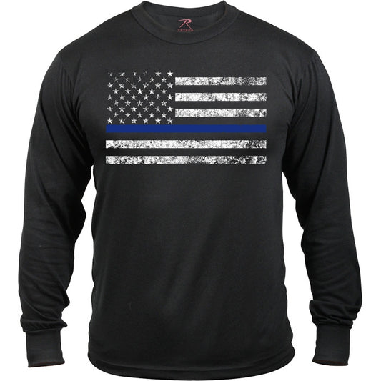 Black - Thin Blue Line Support The Police Distressed Long Sleeve T-Shirt