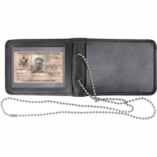 Black Leather Bi-Fold ID Holder & Neck Chain Clear PVC Pocket Wallet