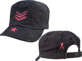 Black Adjustable Rip-Stop Pink Sergeant Stripes Army Fatigue Cap with Pink Breast Cancer Ribbon