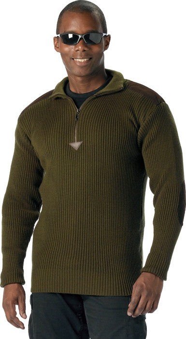 Olive Drab - Military Style Commando Sweater with Zipper - Acrylic