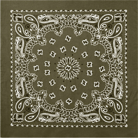 Olive Drab - Trainmen Paisley Bandana, 100% Cotton, 22" x 22"