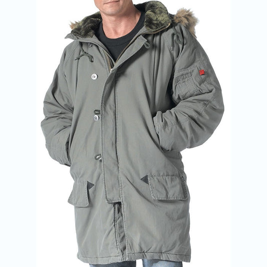 Olive Drab - Heavyweight N-3B Parka, Washed Cotton, Windproof Jacket with Hood