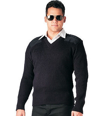 Black - Military GI Style V-Neck Commando Sweater - Acrylic