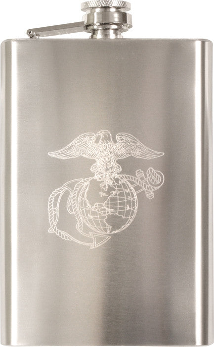 Silver - US Marine Corps Flask with USMC Engraved Emblem - Stainless Steel