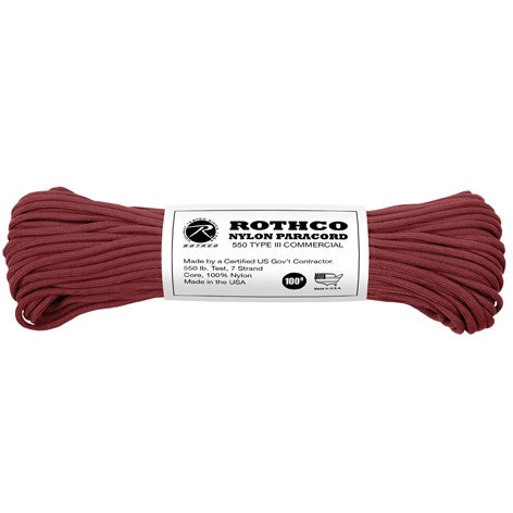 Burgundy - Military Grade 550 LB Tested Type III Paracord Rope 100' - Nylon USA Made