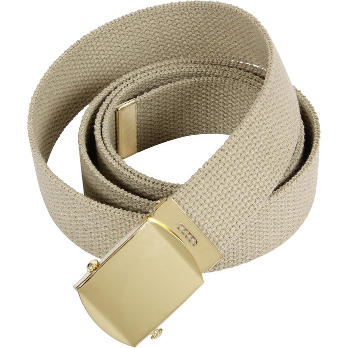 Khaki - Military Web Belt with Gold Brass Buckle