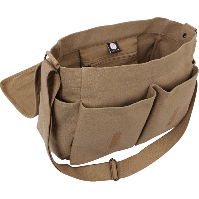 Men's Vintage Canvas Leather Satchel School Military Messenger Shoulder Bag  Travel Bag - Khaki