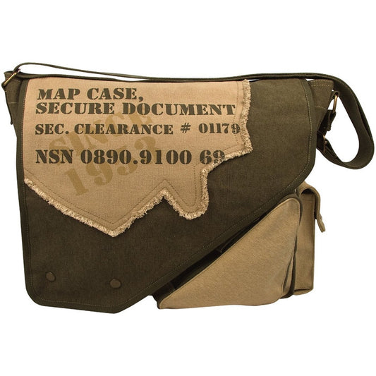 Olive Drab  Tan - Vintage 2-Tone Imprinted Map Case Messenger Bag