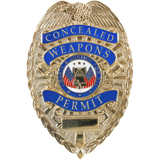 Gold Deluxe Concealed Weapons Permit Shield Badge - Public Safety Pin-On Badge