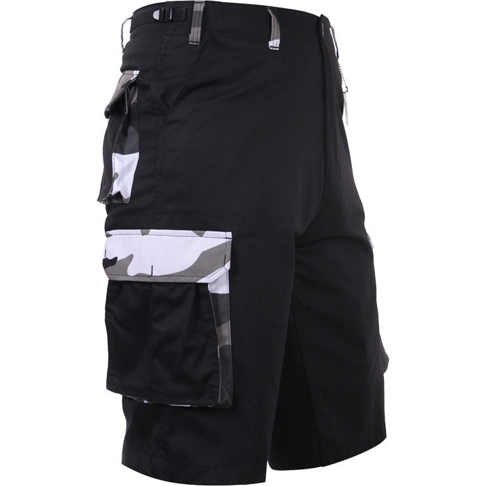 Black with City Camouflage Accents - Military Long Cargo BDU Shorts - Polyester Cotton Twill
