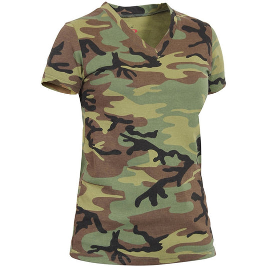 Woodland Camouflage - Long Length V-Neck T-Shirt - Women's, Poly/Cotton