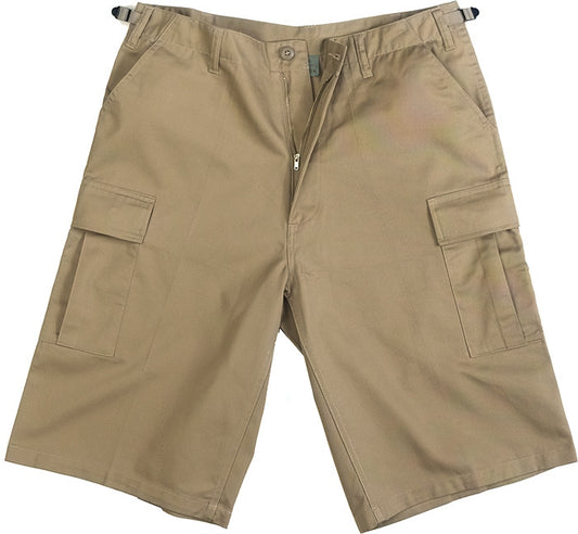 Khaki - Tactical Cargo Extra Long BDU Shorts - Polyester Cotton Twill - Zipper Fly