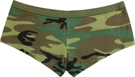 Woodland Camouflage Women’s Army Booty Shorts – Cotton Spandex Camo Lounge Shorts