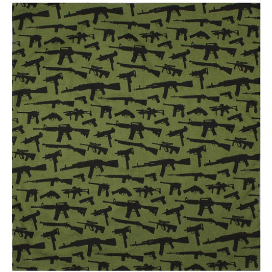 Olive Drab - Guns & Rifles Pattern Bandana, 100% Cotton, 22" x 22"