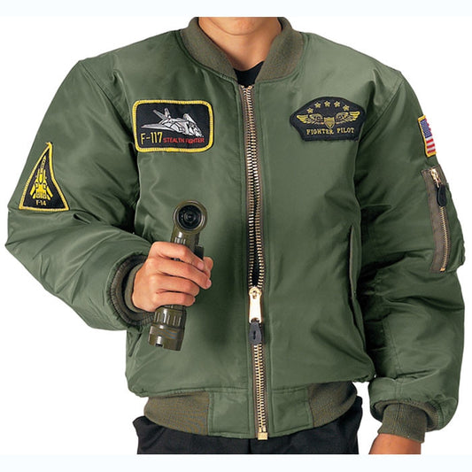 Sage Green - Air Force MA-1 Bomber Flight Jacket with Top Gun Patches - Kid's